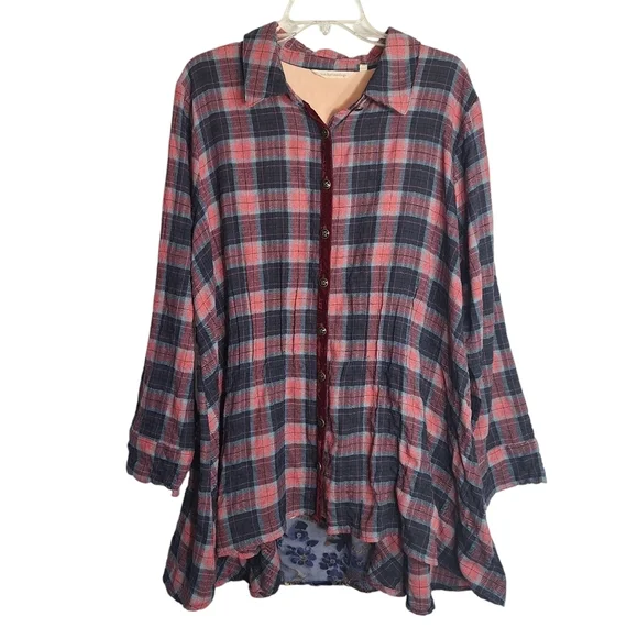 Soft Surroundings Plaid Tunic Top Burnout Velvet Paisley Forest Fairy Boho 2X - Picture 1 of 16